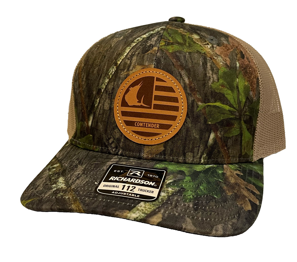 Contender Mossy Oak Camo Trucker Hat with Patriotic Leather Patch